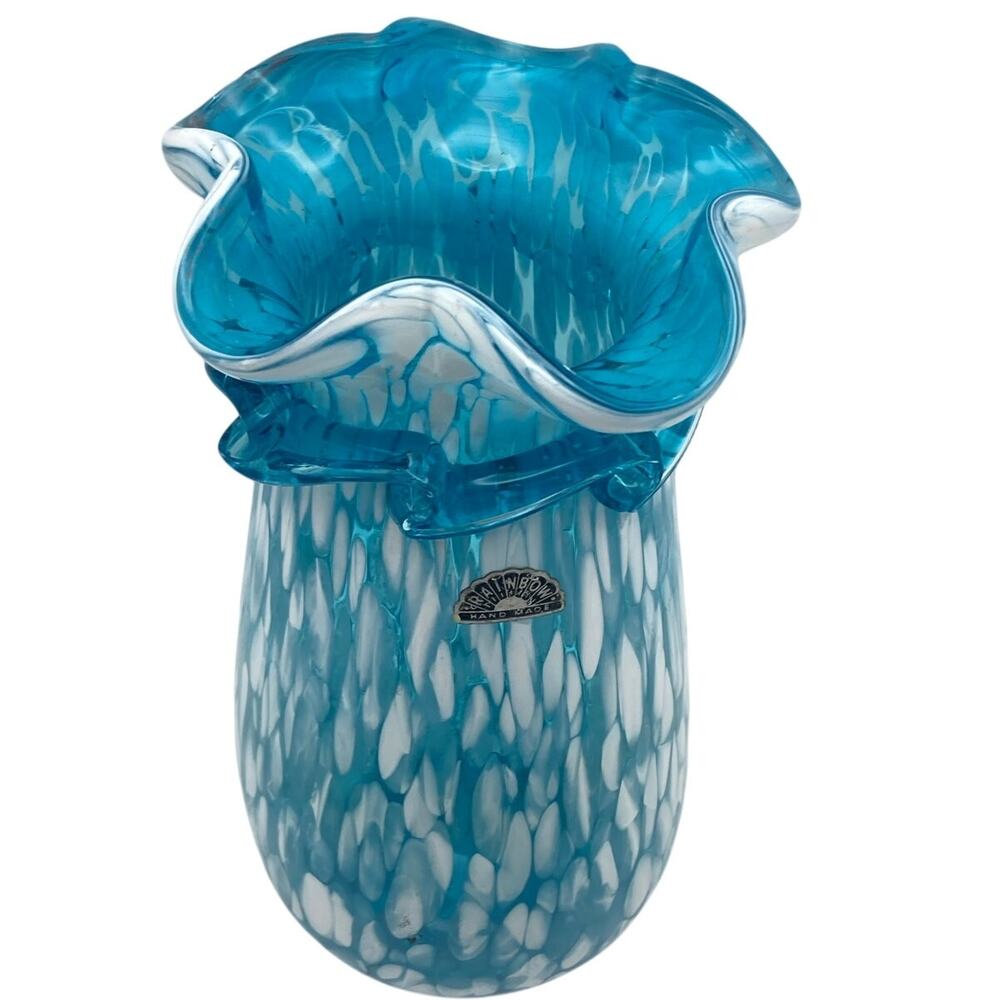 Vintage Handmade Rainbow Art Glass Vase 7.5" Tall Aqua Blue and White Ruffled